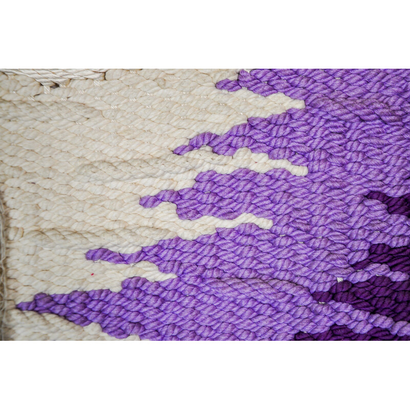 Vintage purple textured macrame wall tapestry, Spain 1970
