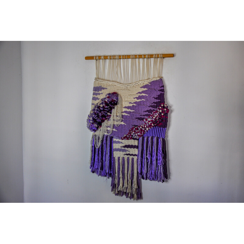 Vintage purple textured macrame wall tapestry, Spain 1970