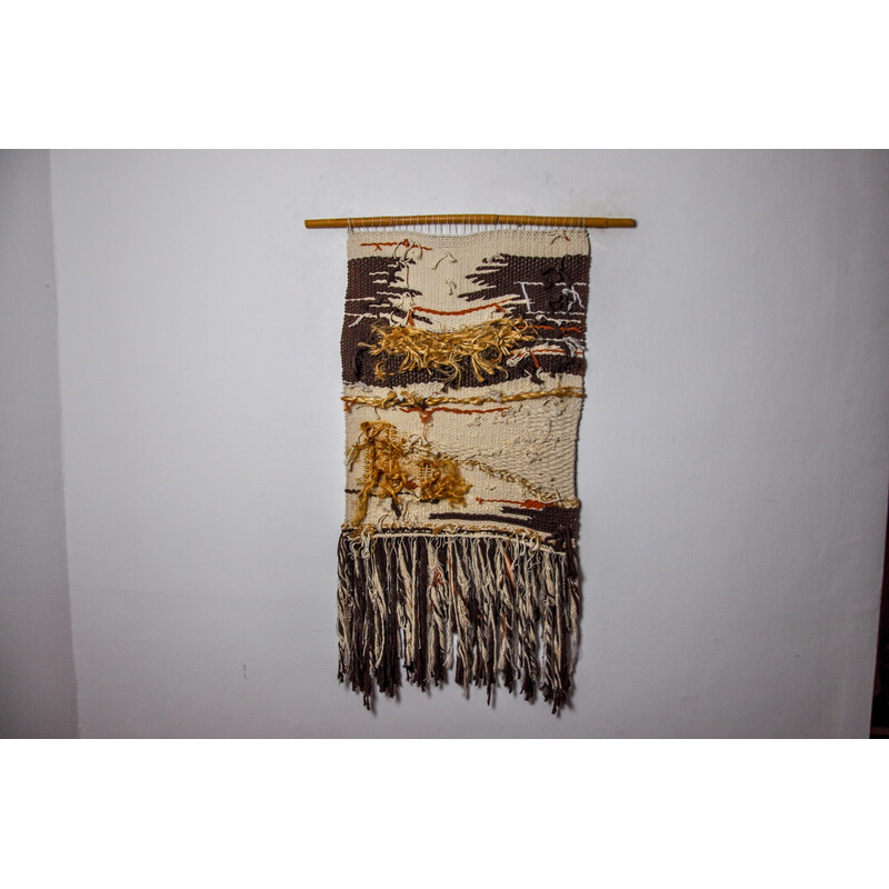 Brown textured Macrame vintage wall tapestry, Spain 1970