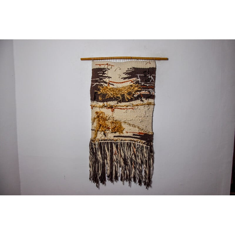 Tapisserie vintage murale Macrame texturée marron, Espagne 1970