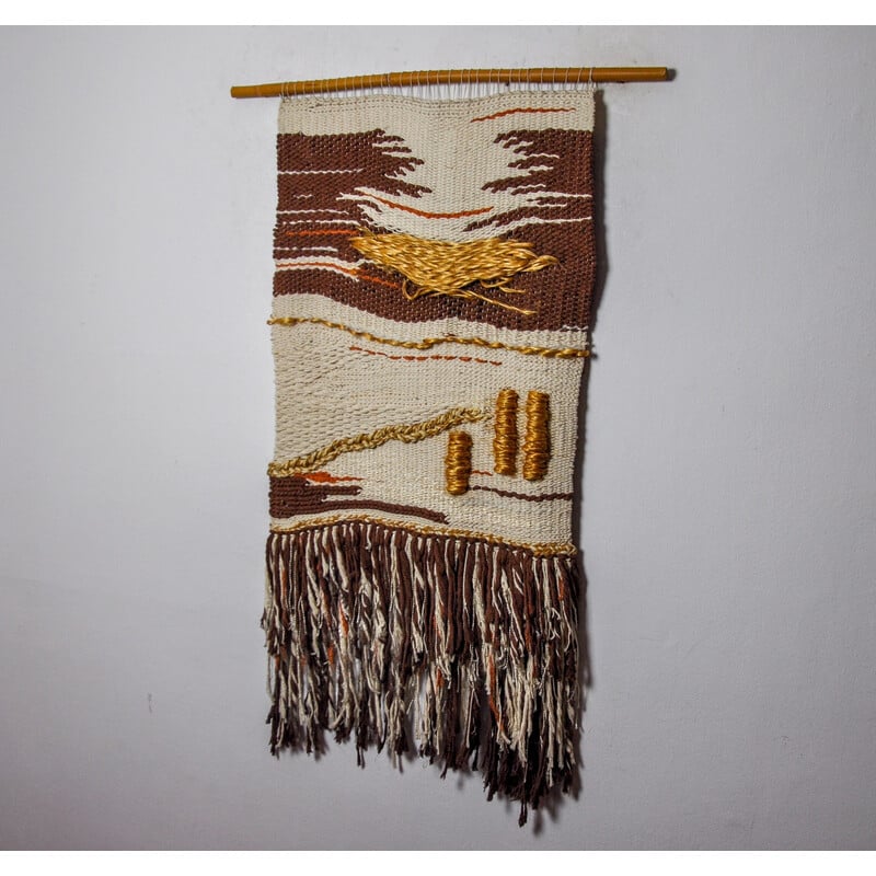 Tapisserie vintage murale Macrame texturée marron, Espagne 1970