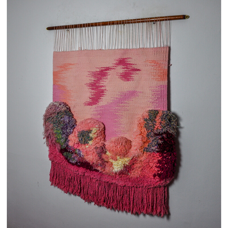 Vintage wall tapestry in pink textured macrame, Spain 1970