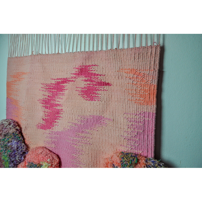Vintage wall tapestry in pink textured macrame, Spain 1970