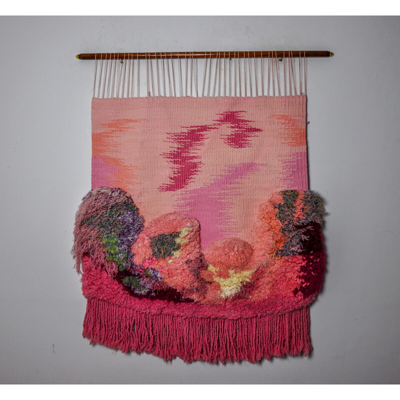 Vintage wall tapestry in pink textured macrame, Spain 1970