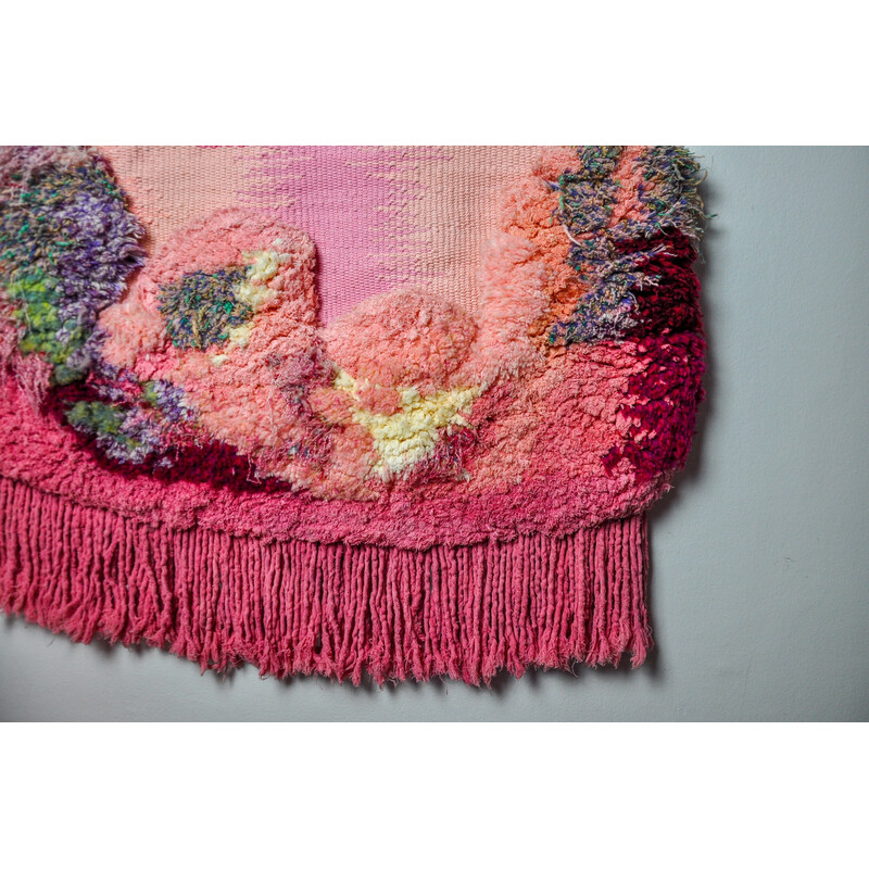 Vintage wall tapestry in pink textured macrame, Spain 1970