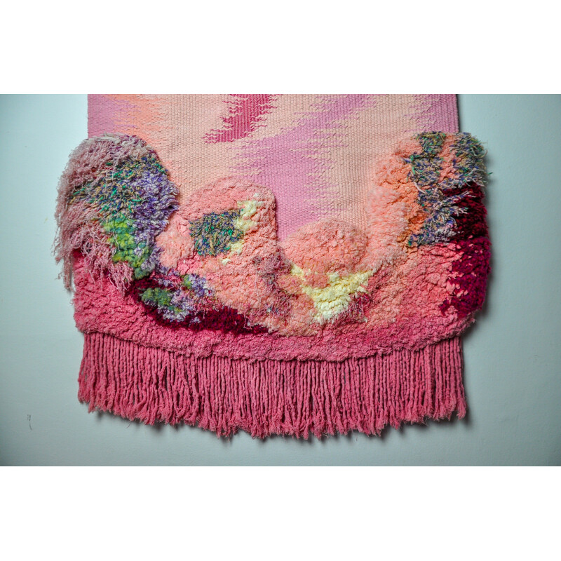 Vintage wall tapestry in pink textured macrame, Spain 1970