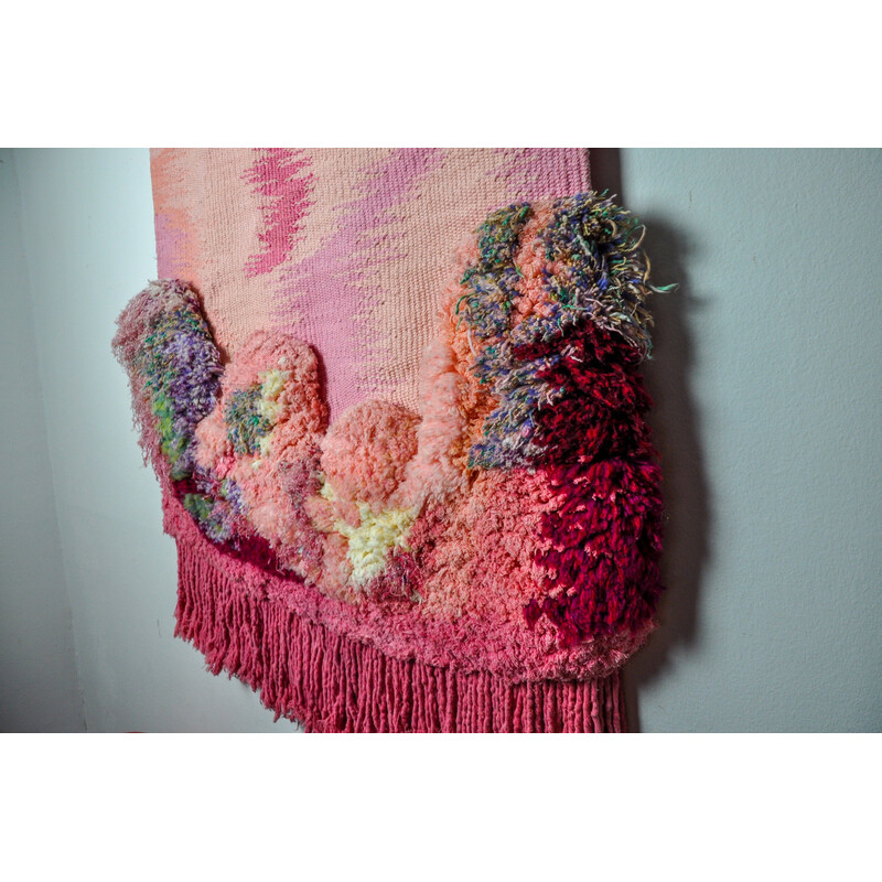 Vintage wall tapestry in pink textured macrame, Spain 1970