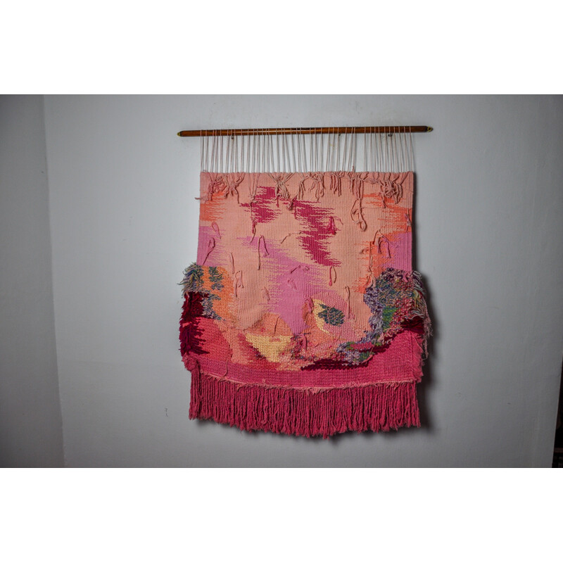 Vintage wall tapestry in pink textured macrame, Spain 1970