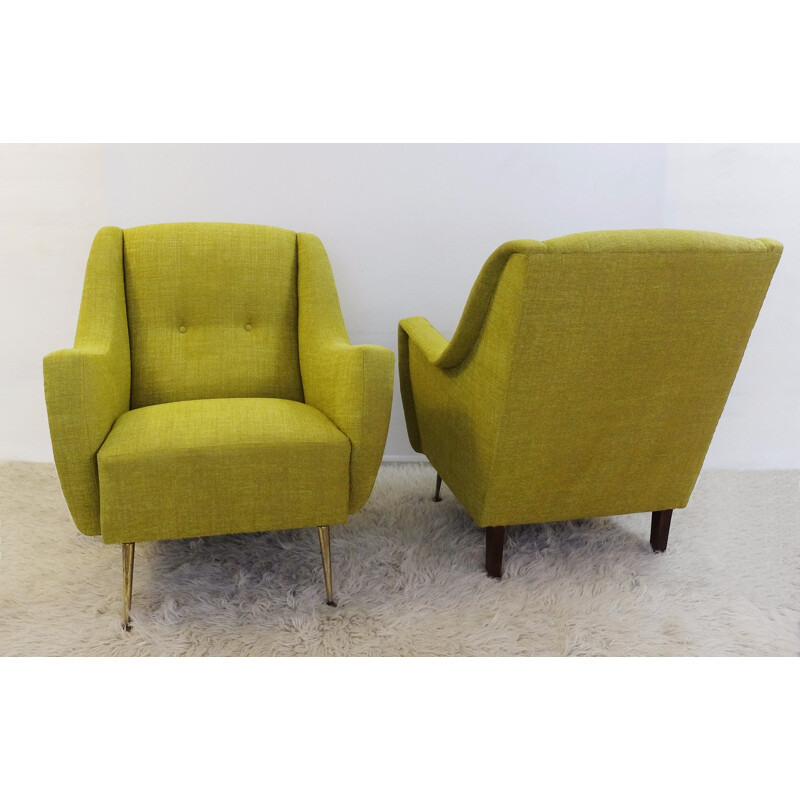 Pair of green Italian armchairs in brass and wood - 1950s