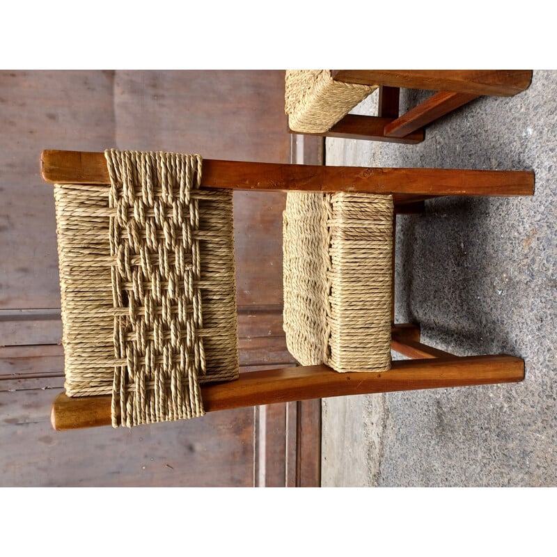 Par de cadeiras de criança vintage em madeira e corda