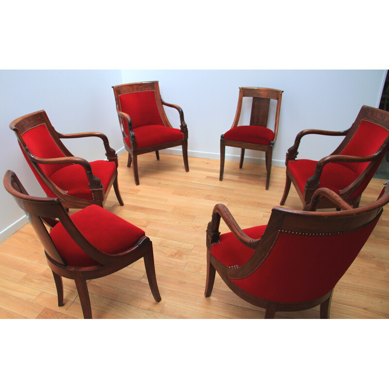 Vintage living room set in mahogany wood and red velvet