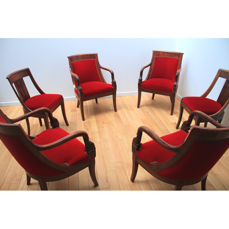 Vintage living room set in mahogany wood and red velvet