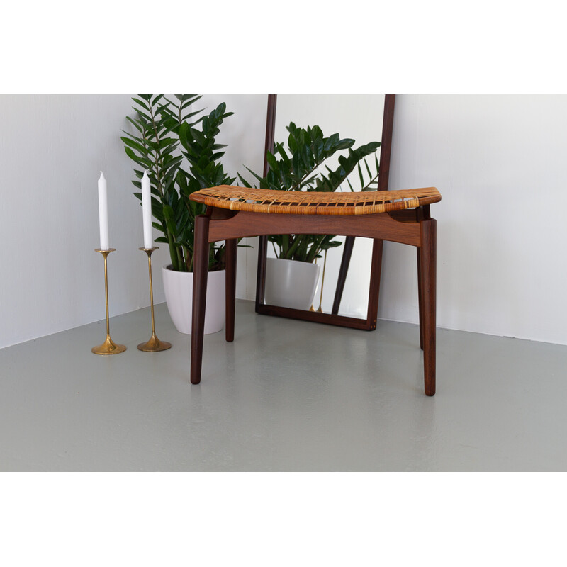 Danish vintage teak and cane stool by Ølholm Møbelfabrik, 1950s