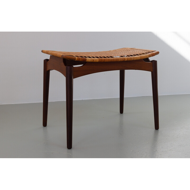 Danish vintage teak and cane stool by Ølholm Møbelfabrik, 1950s