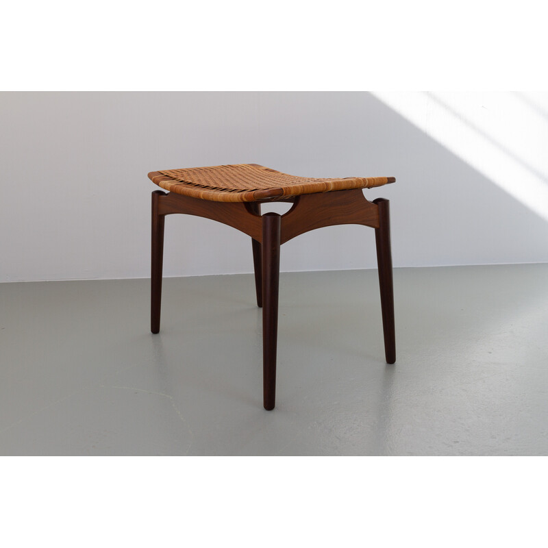 Danish vintage teak and cane stool by Ølholm Møbelfabrik, 1950s