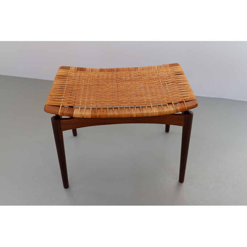 Danish vintage teak and cane stool by Ølholm Møbelfabrik, 1950s