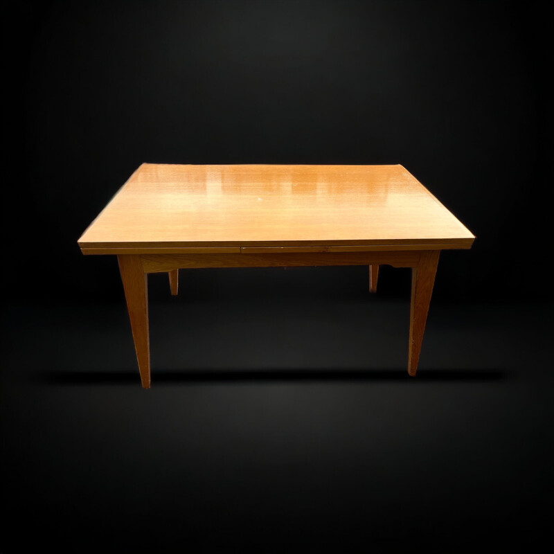 Vintage oakwood table with integrated extensions by René Jean Caillette for Charron, 1950