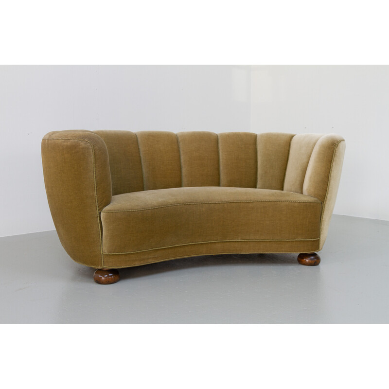 Divano Banana in velluto danese Art Deco vintage, anni '40