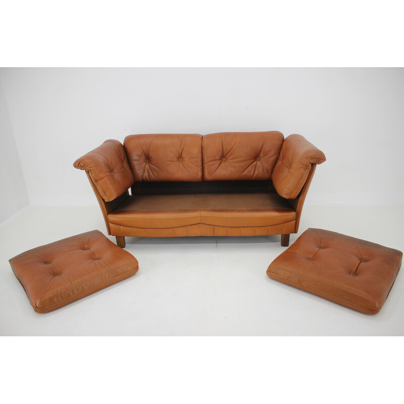 Vintage Dänisches Cognac Leder 2-Sitzer Sofa, 1970er Jahre