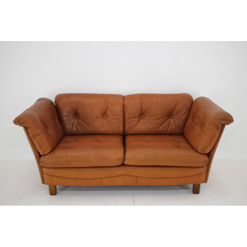 Vintage Dänisches Cognac Leder 2-Sitzer Sofa, 1970er Jahre
