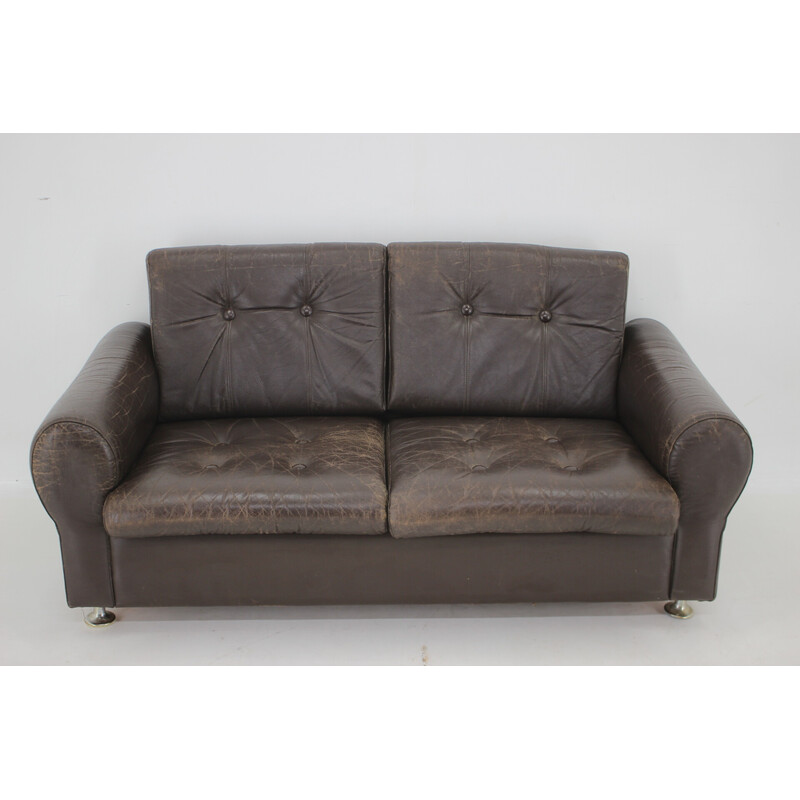 Vintage Danish brown leather 2 seater sofa, 1970s