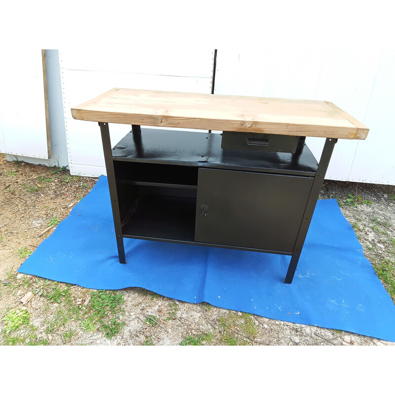 Vintage black metal workbench with white wood top