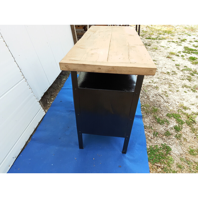 Vintage black metal workbench with white wood top