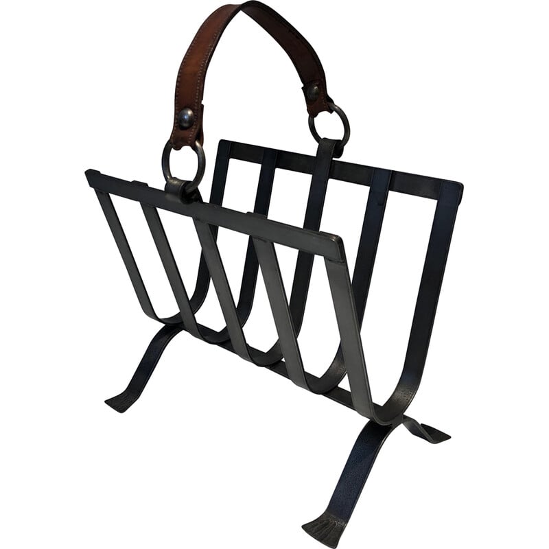 Vintage steel and leather magazine rack, 1950