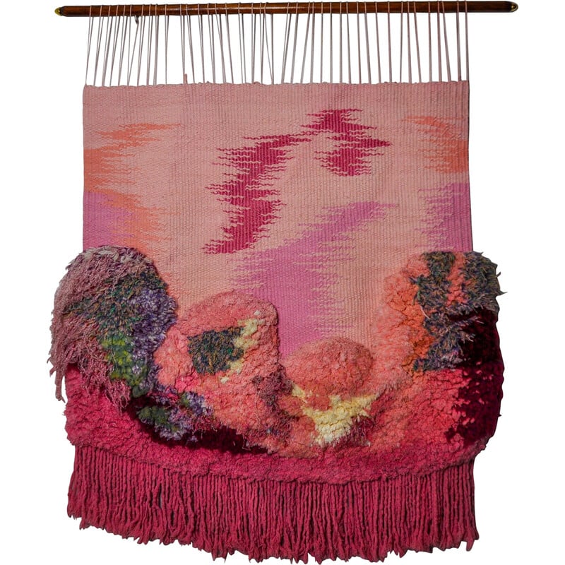 Tapeçaria de parede vintage em macramé com textura cor-de-rosa, Espanha 1970