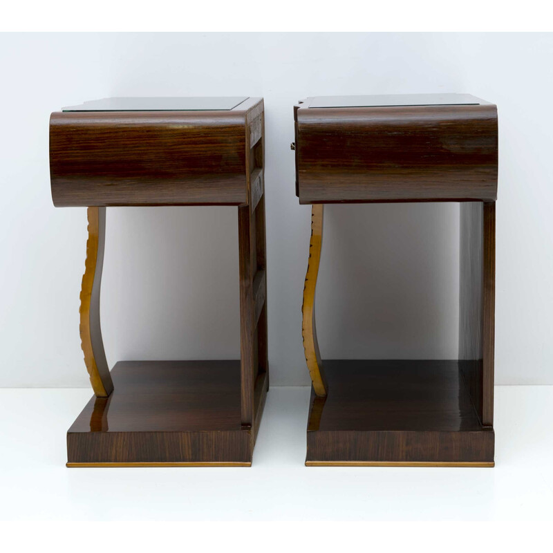 Pair of vintage Art Deco Italian walnut briar and maple night stands, 1920s