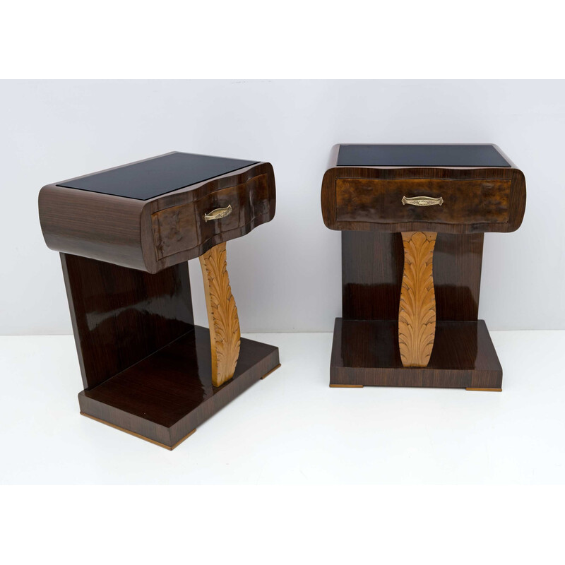 Pair of vintage Art Deco Italian walnut briar and maple night stands, 1920s