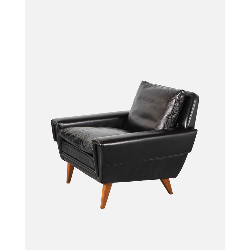 Skandinavischer Sessel aus der Mitte des Jahrhunderts aus Teakholz und schwarzem Leder, Dänemark 1960