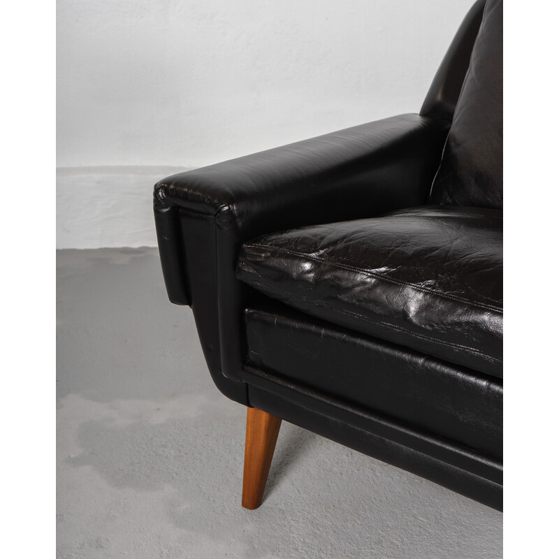 Fauteuil scandinave vintage en teck et cuir noir, Danemark 1960