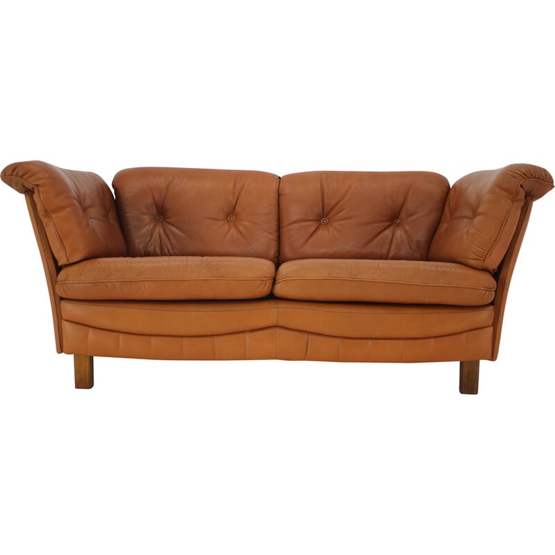 Vintage Danish cognac leather 2 seater sofa, 1970s