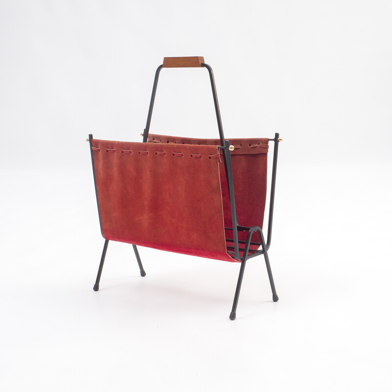 Mid century magazine rack in leather and black metal