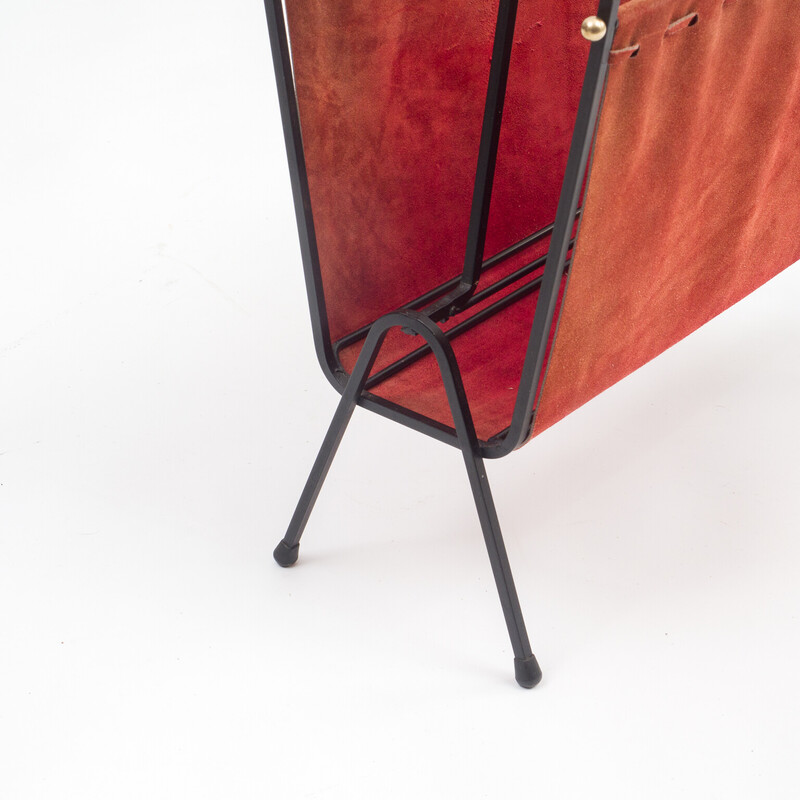 Mid century magazine rack in leather and black metal