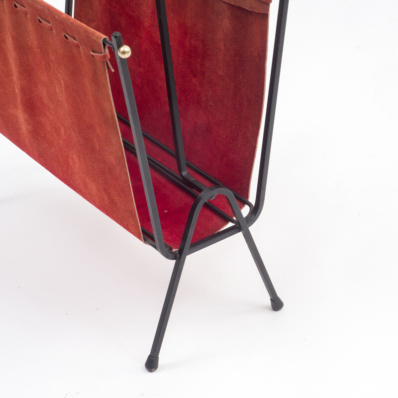 Mid century magazine rack in leather and black metal