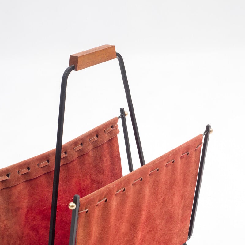 Mid century magazine rack in leather and black metal