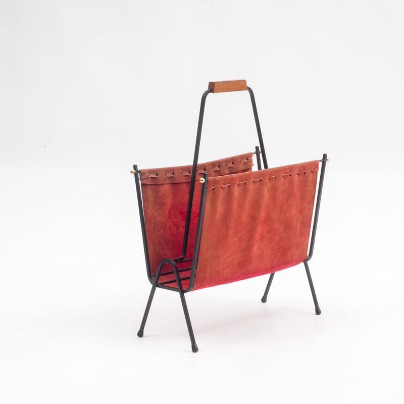 Mid century magazine rack in leather and black metal