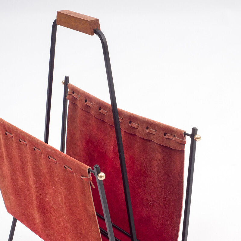 Mid century magazine rack in leather and black metal