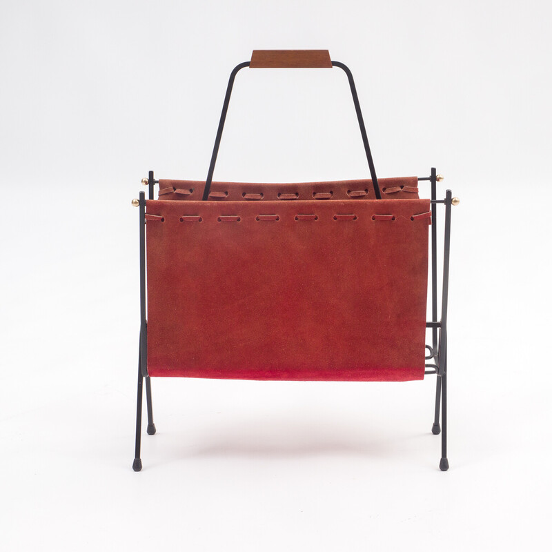 Mid century magazine rack in leather and black metal