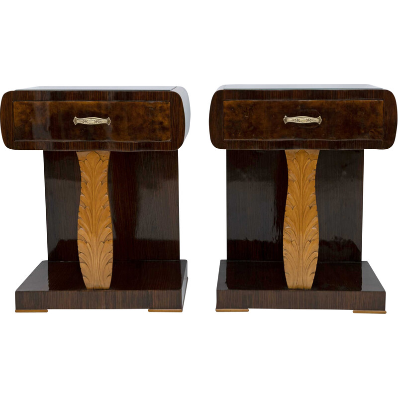 Pair of vintage Art Deco Italian walnut briar and maple night stands, 1920s