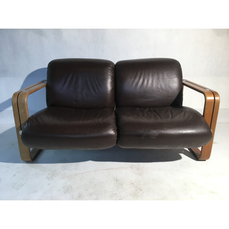 Giroflex sofa in brown leather and wood - 1970s