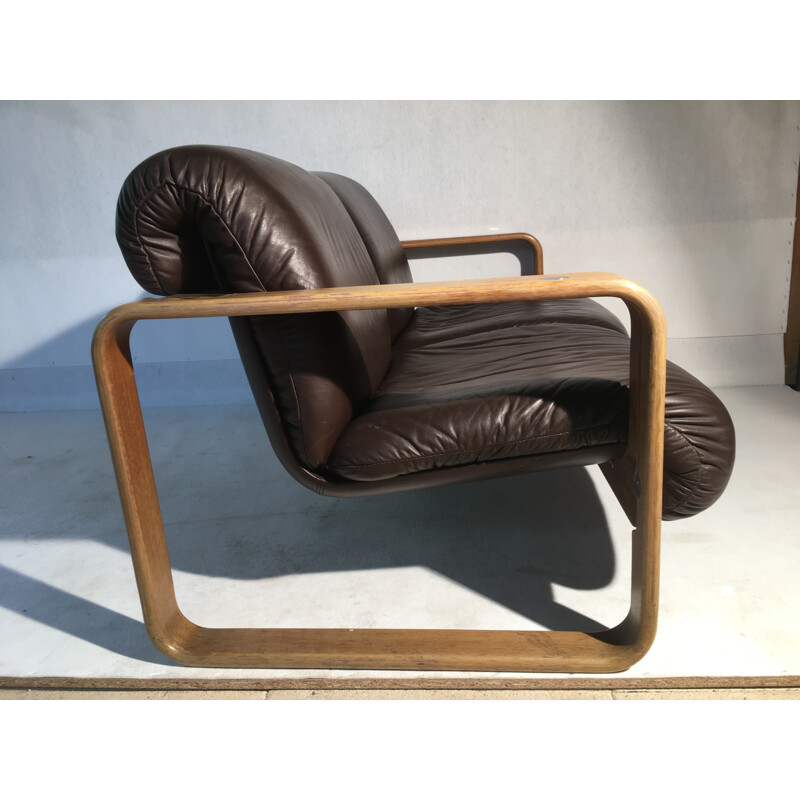 Sofá de 2 plazas Giroflex de cuero marrón y madera - 1970