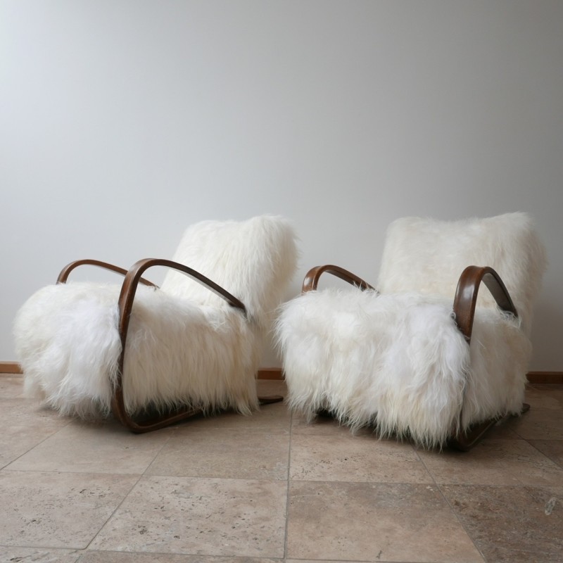 Pair of vintage H-269 sheepskin armchairs by Jindrich Halabala, Czechoslovakia 1930s