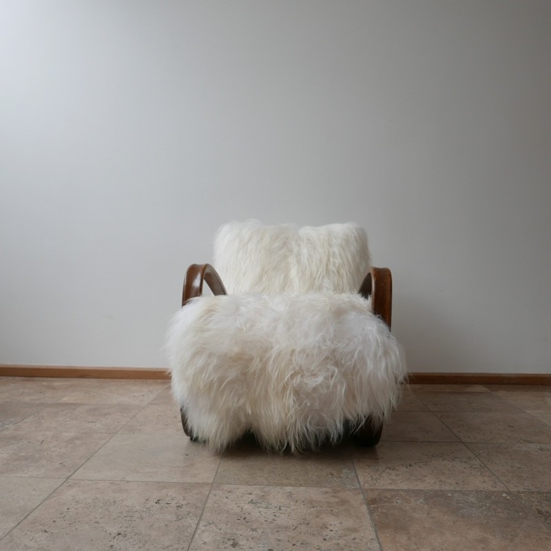 Pair of vintage H-269 sheepskin armchairs by Jindrich Halabala, Czechoslovakia 1930s