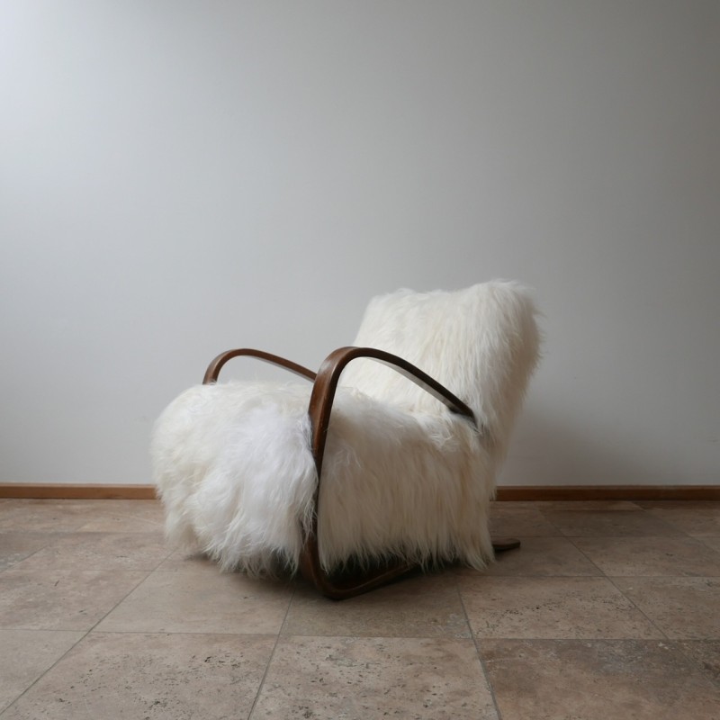 Pair of vintage H-269 sheepskin armchairs by Jindrich Halabala, Czechoslovakia 1930s