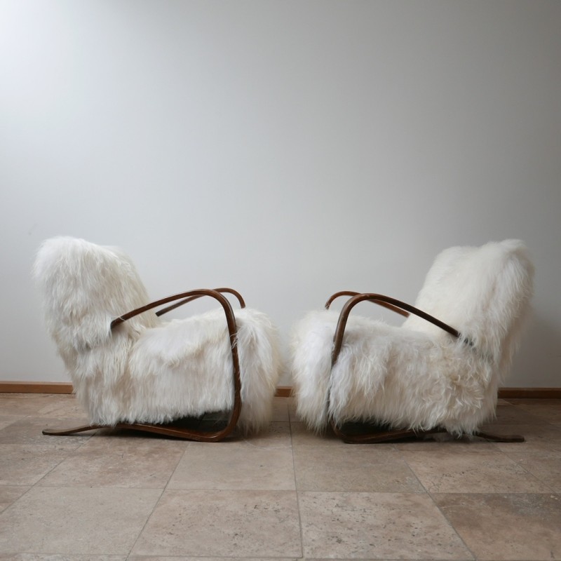 Pair of vintage H-269 sheepskin armchairs by Jindrich Halabala, Czechoslovakia 1930s