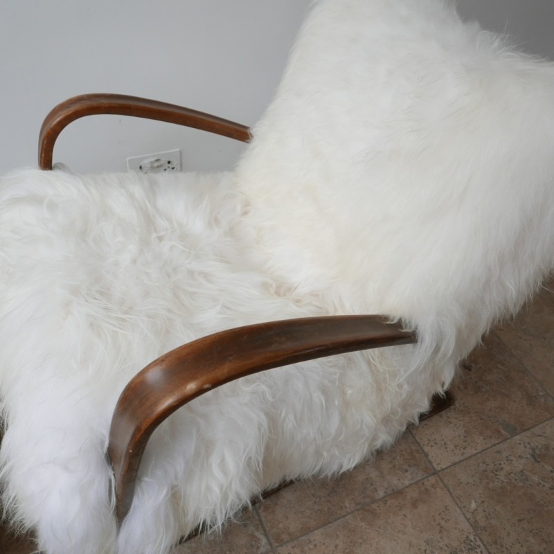 Pair of vintage H-269 sheepskin armchairs by Jindrich Halabala, Czechoslovakia 1930s