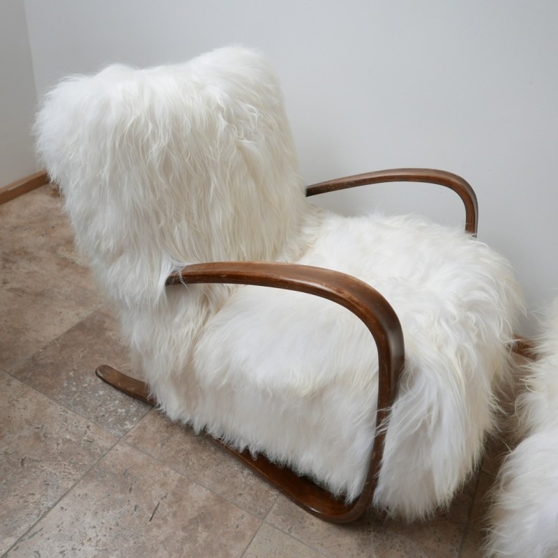 Pair of vintage H-269 sheepskin armchairs by Jindrich Halabala, Czechoslovakia 1930s